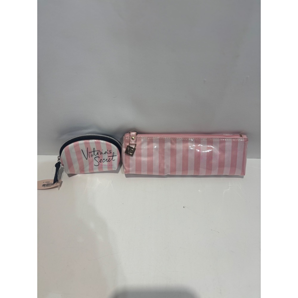 Victoria's Secret Cosmetic Bag Set Women OS Pink Striped Logo Pouch 2pc